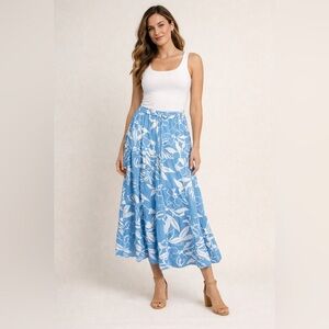Flowy Blue White Floral Tiered Maxi Skirt Patrons of Peace Boho Coastal Beachy